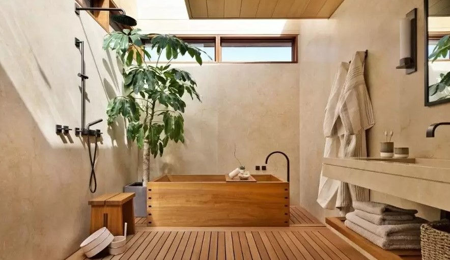 Mẫu nhà vệ sinh phong cách đồng quê chủ yếu làm từ chất liệu gỗ đơn giản, thoải mái.  