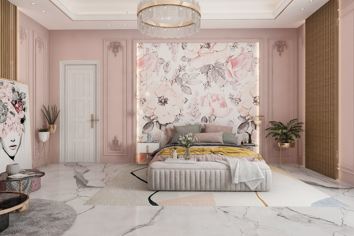 Mẫu thiết kế phòng ngủ 30m2 với màu hồng.